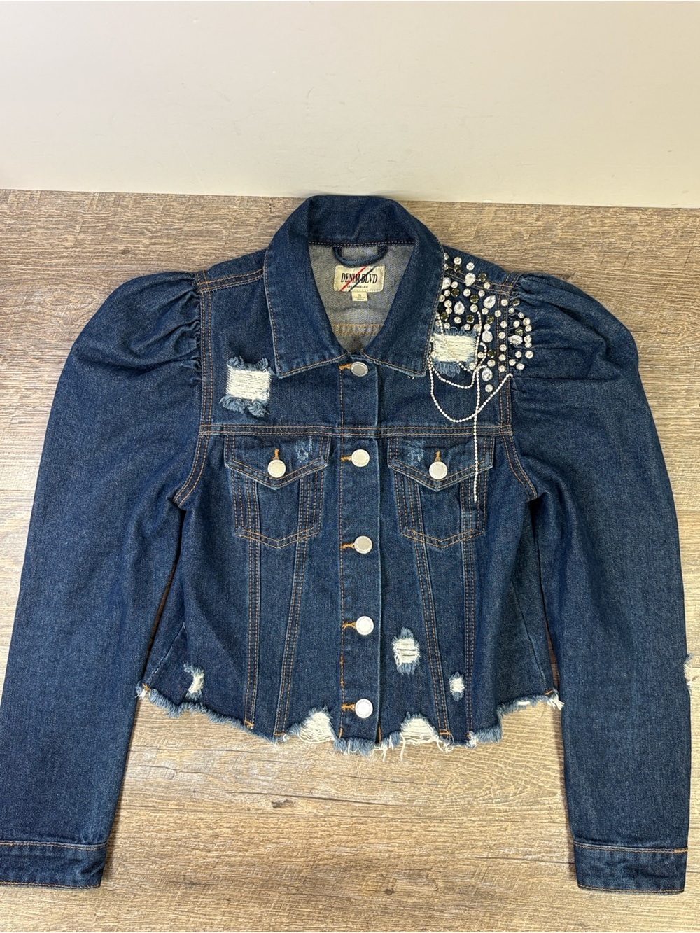 Denim BLVD Los Angeles Embellished Puff Sleeve Distressed Cropped Denim Jacket S